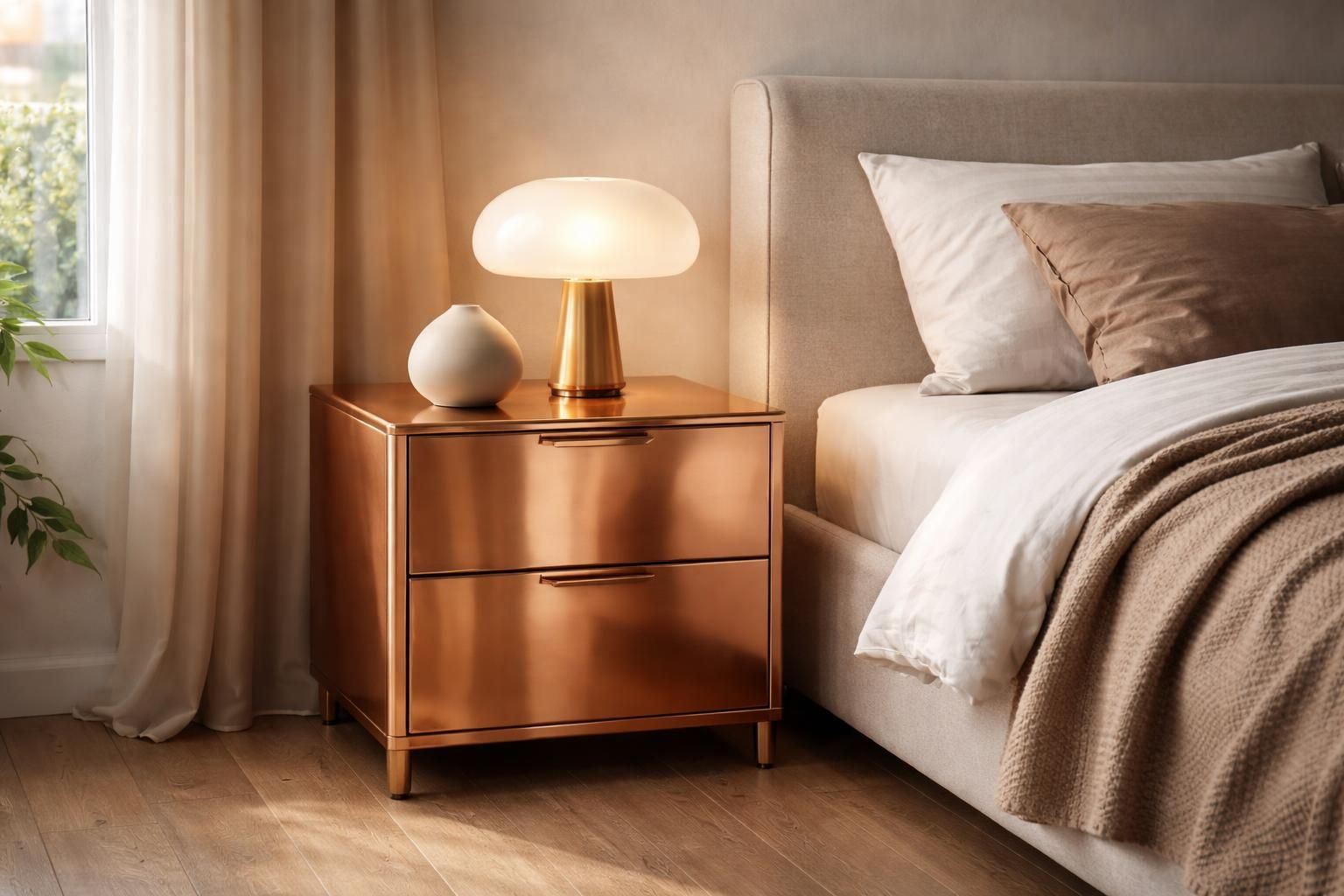 découvrez notre table de chevet cuivrée, idéale pour ajouter une touche élégante et chaleureuse en métal dans votre chambre à coucher.