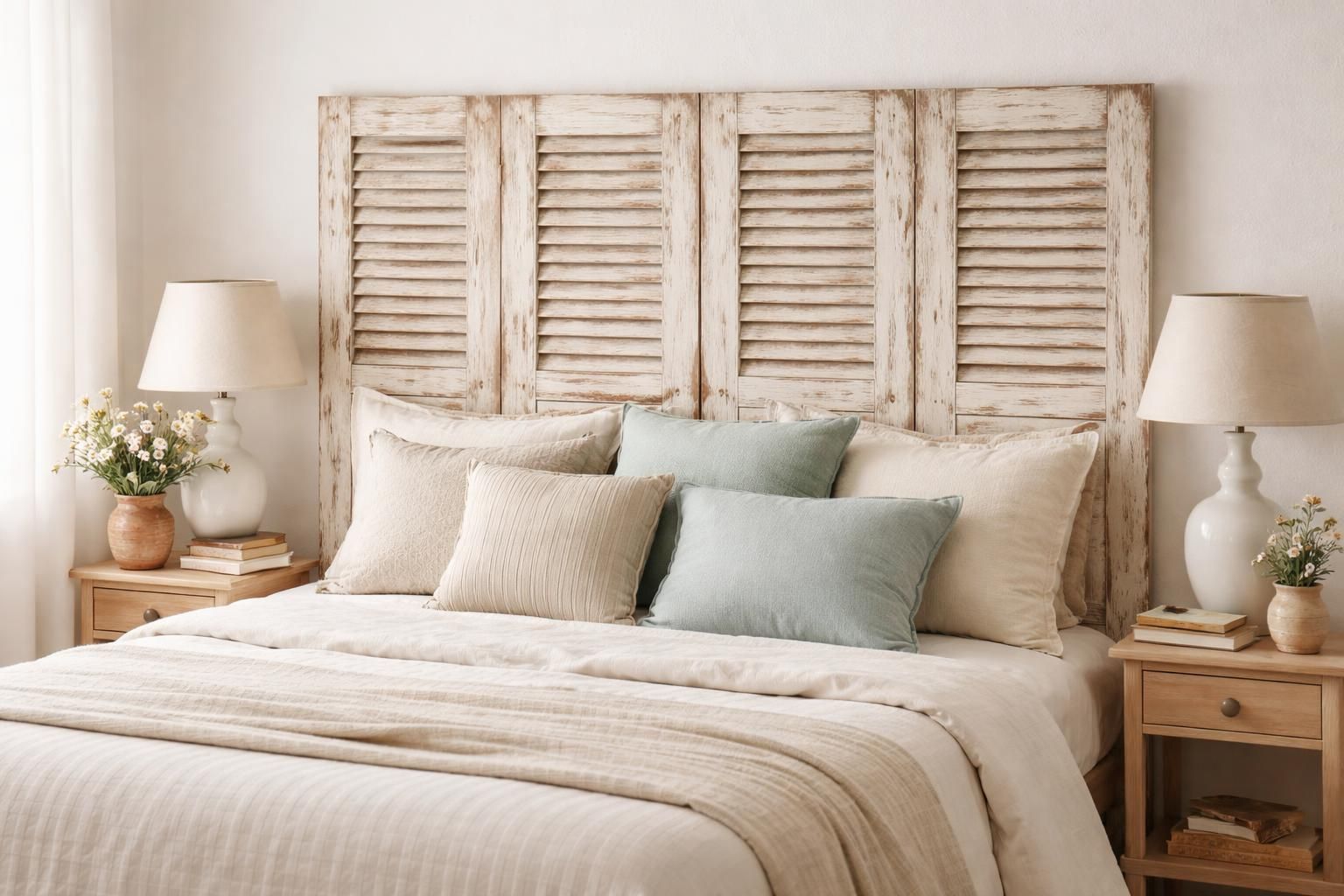 découvrez notre tutoriel pour réaliser une tête de lit en volets persiennes et apportez un style campagne chic à votre chambre avec une touche authentique et élégante.