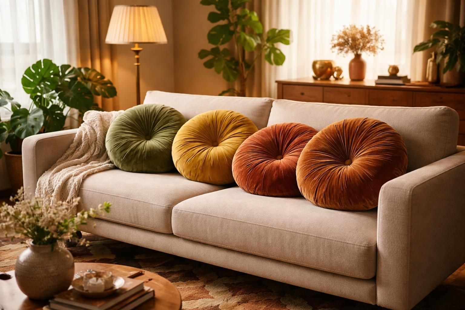 apportez une touche de douceur rétro à votre canapé avec nos coussins ronds en velours, alliant confort et élégance pour un intérieur chaleureux.
