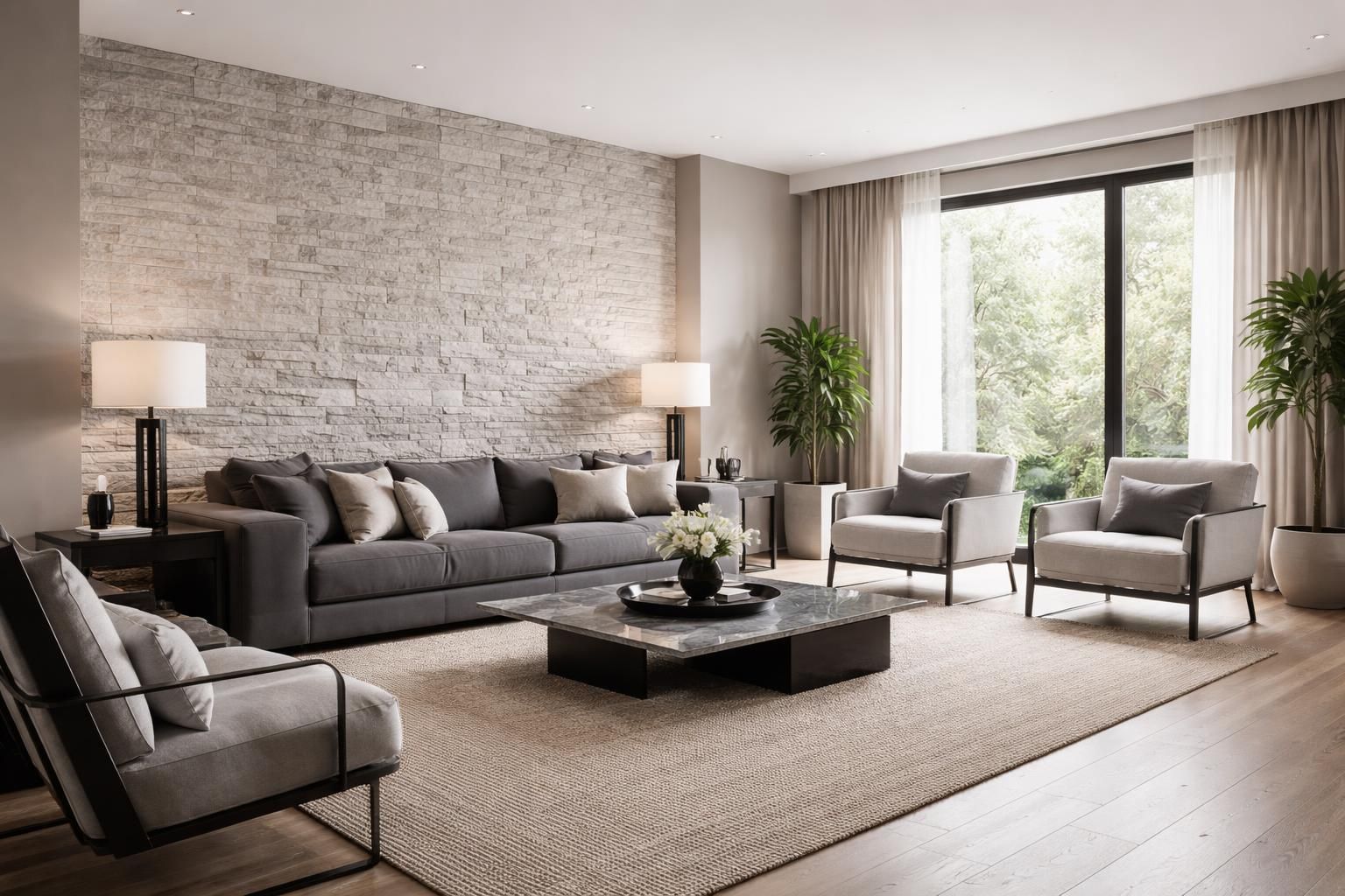 découvrez comment créer un salon chic en mariant élégamment le gris moderne avec la pierre de parement pour une ambiance sophistiquée et chaleureuse.