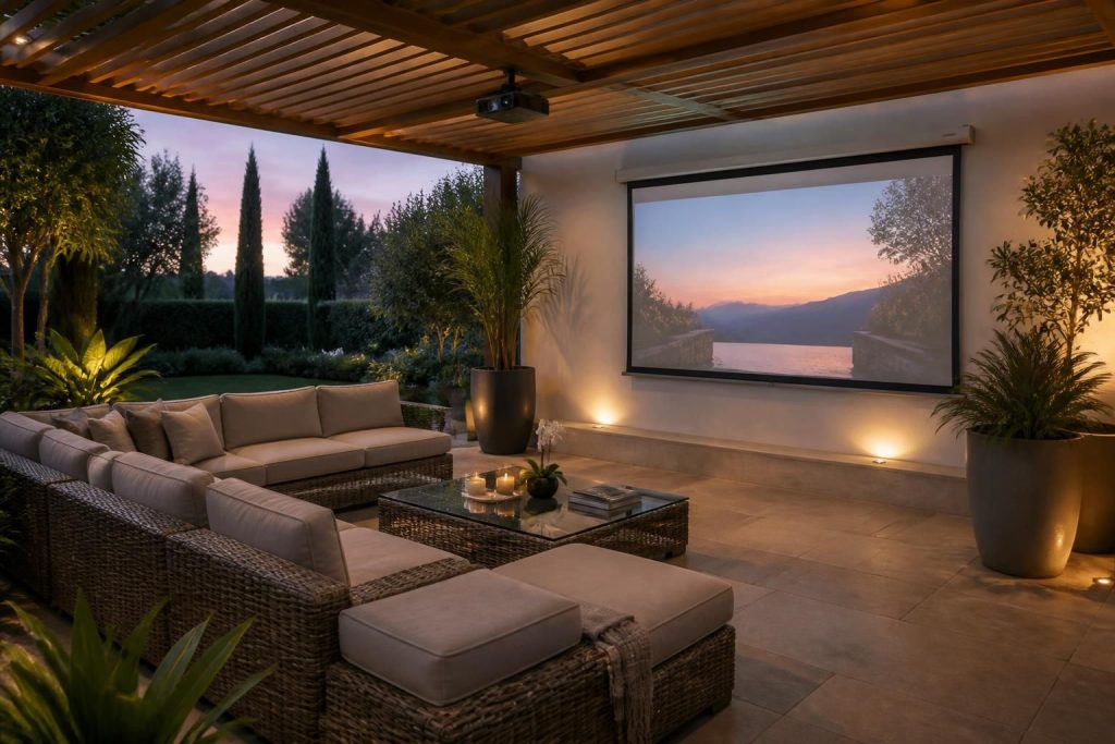 découvrez un plan d'aménagement extérieur innovant pour votre terrasse, intégrant un vidéoprojecteur epson pour des soirées cinéma en plein air inoubliables.