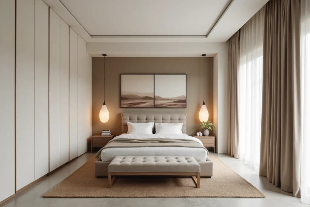Chambre parentale en longueur avec rangements encastrés et tableau horizontal pour rompre l'effet couloir dans 15m2