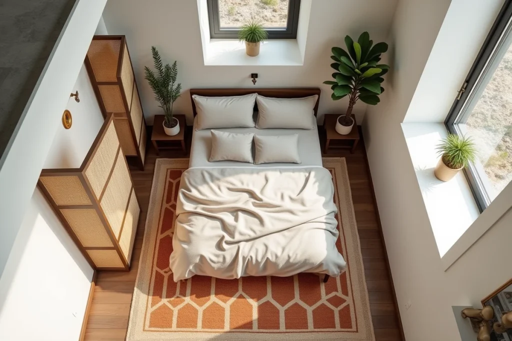 Vue en plongée d'une petite suite parentale 15m2 avec lit perpendiculaire et cloison en rotin pour casser l'effet couloir
