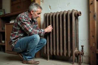 Homme inspectant un radiateur en fonte d'occasion dans un entrepôt de brocante avec patine et rouille visibles