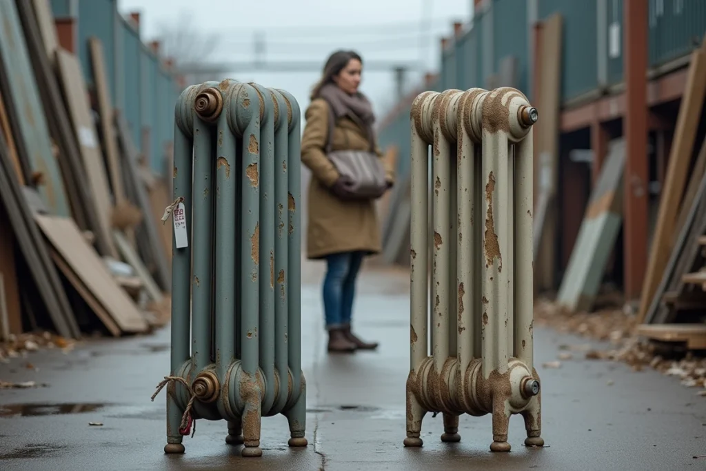 Femme comparant deux radiateurs fonte d'occasion avec étiquettes de prix dans un dépôt de matériaux de récupération