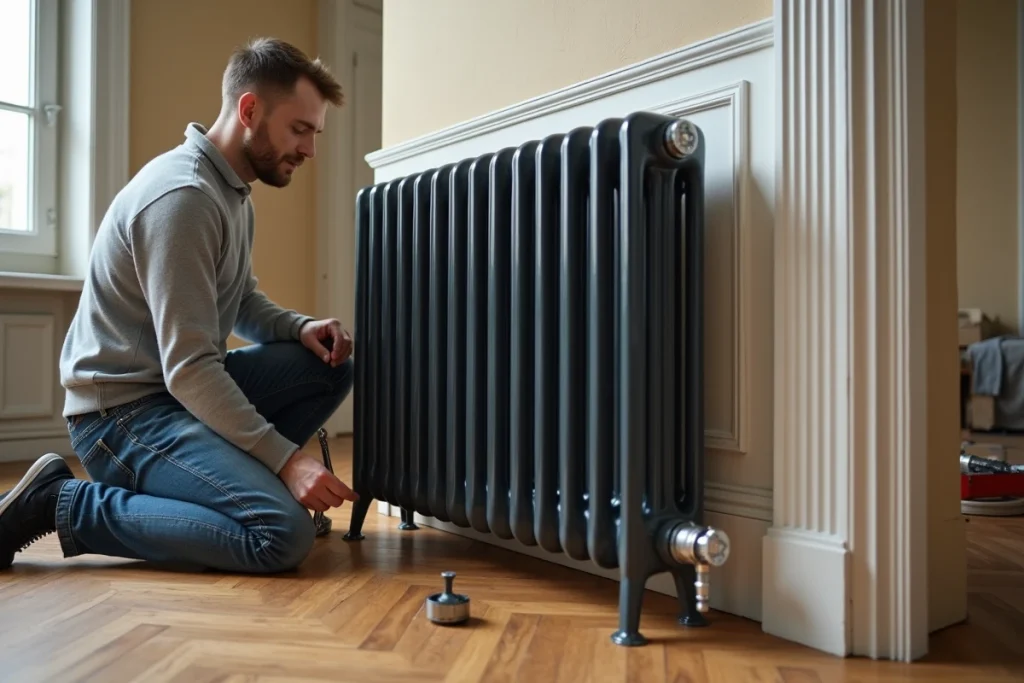 Radiateur en fonte d'occasion restauré installé dans un appartement haussmannien rénové avec parquet en point de Hongrie