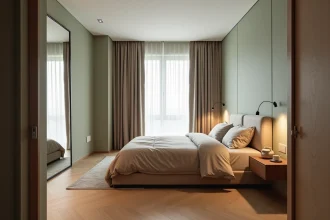 Suite parentale étroite de 15m2 en longueur avec lit centré, miroir mural et parquet en chevrons pour éviter l'effet couloir