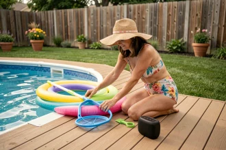 Femme arrangeant des accessoires de piscine hors sol sur une terrasse en bois, avec filet, flotteurs et enceinte étanche