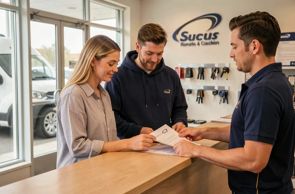 Couple signant un contrat de location de camion dans une agence de déménagement