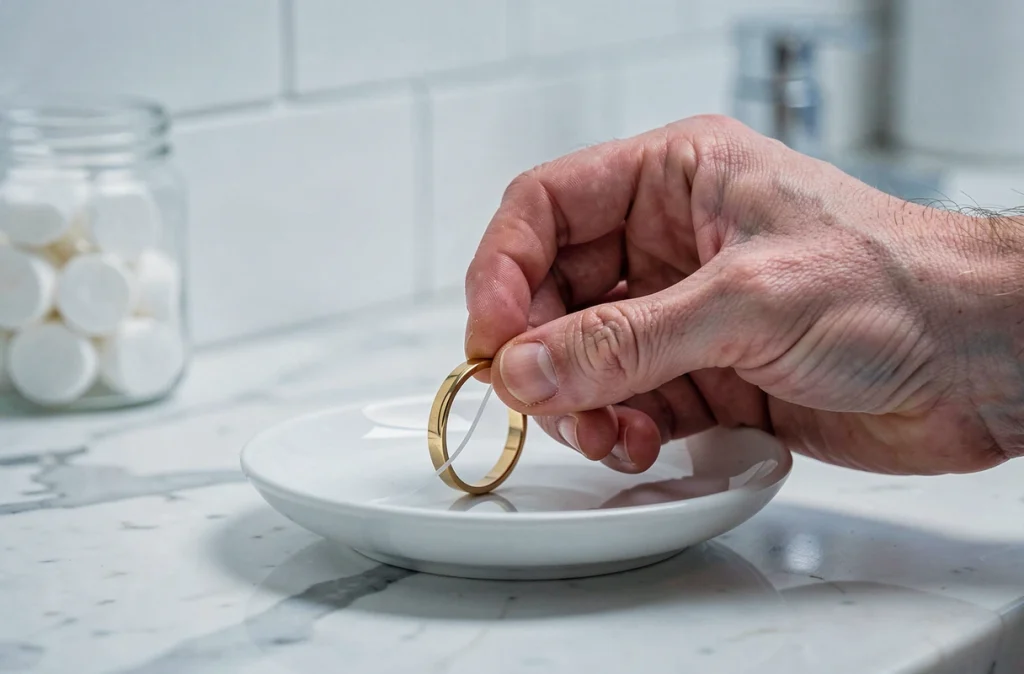 Mains masculines insérant un cordon en silicone à l'intérieur d'une bague en or pour la réduire sans produit spécial
