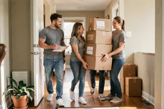Groupe d'amis organisant le transport de cartons lors d'un déménagement devant l'entrée d'une maison