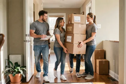 Groupe d'amis organisant le transport de cartons lors d'un déménagement devant l'entrée d'une maison