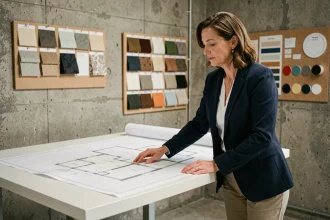 Architecte d'intérieur professionnelle consultant des plans dans son studio de design avec tableaux d'échantillons et matériaux