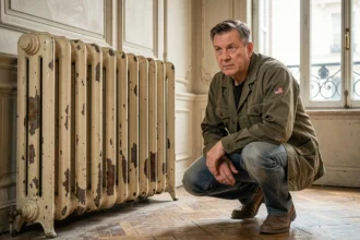 Artisan évaluant un radiateur en fonte ancien dans un appartement haussmannien lors d'une rénovation énergétique
