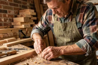 Artisan menuisier assemblant un tenon mortaise en bois de chêne dans un atelier traditionnel