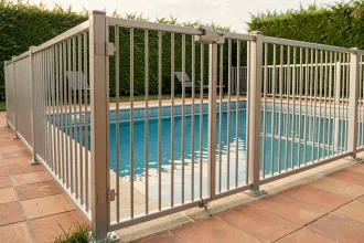 Barrière de sécurité en aluminium autour d'une piscine résidentielle avec portail à fermeture automatique