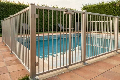 Barrière de sécurité en aluminium autour d'une piscine résidentielle avec portail à fermeture automatique