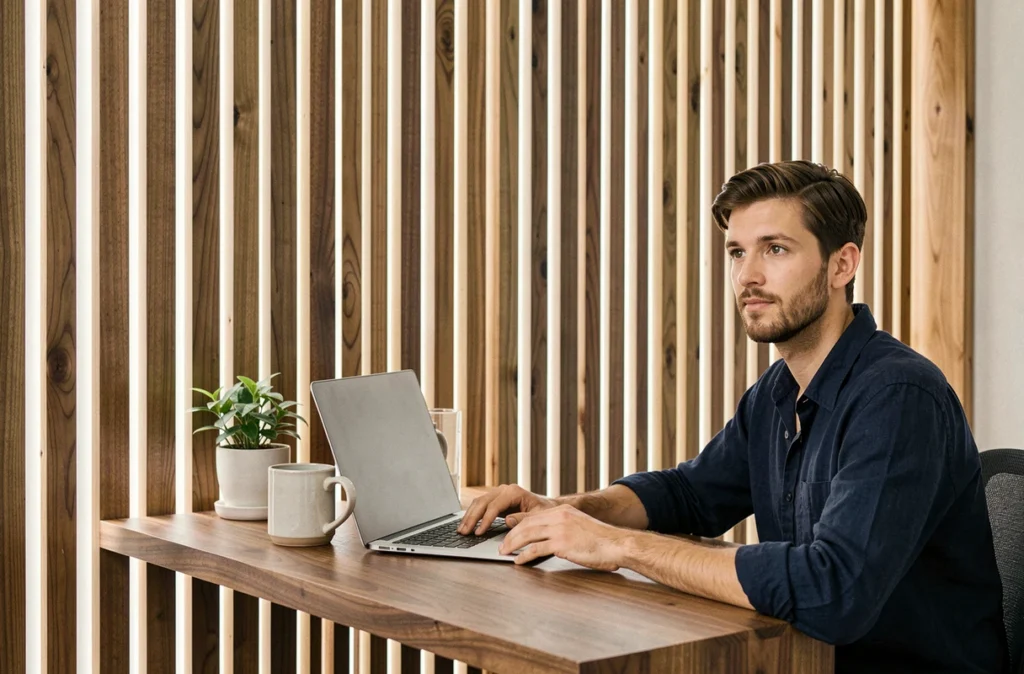 Bureau à domicile avec panneau mural tasseau noyer et LED intégrées, ambiance cosy et moderne