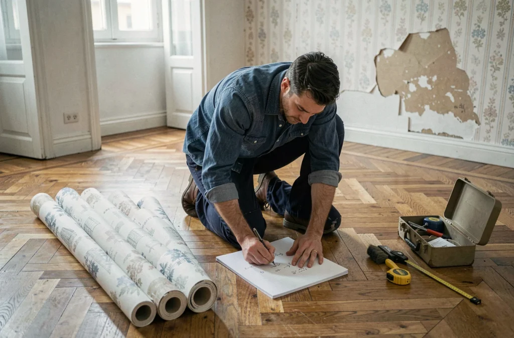 Homme calculant le nombre de rouleaux de papier peint nécessaires pour une chambre de 10m2