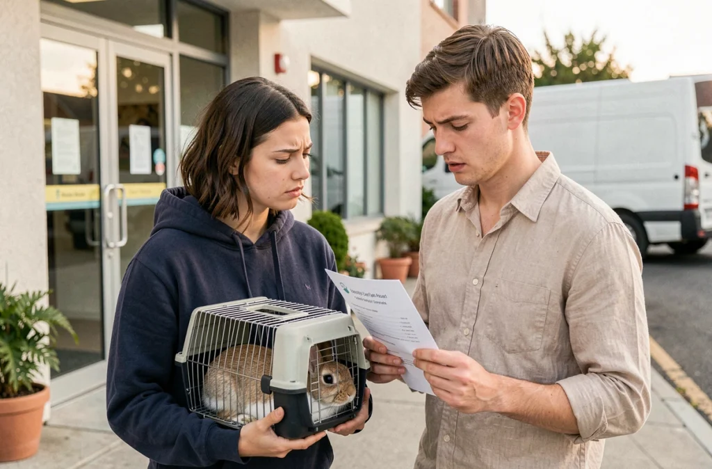 Couple récupérant le certificat sanitaire de leur lapin dans une clinique vétérinaire avant un déménagement