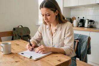 Femme consultant une checklist de voyage manuscrite avant son départ en vacances