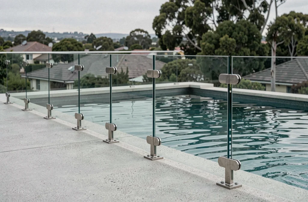 Clôture piscine en verre trempé avec fixations en acier inoxydable sur terrasse béton