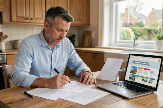 Homme en train de comparer des devis travaux sur une table en bois avec un ordinateur portable