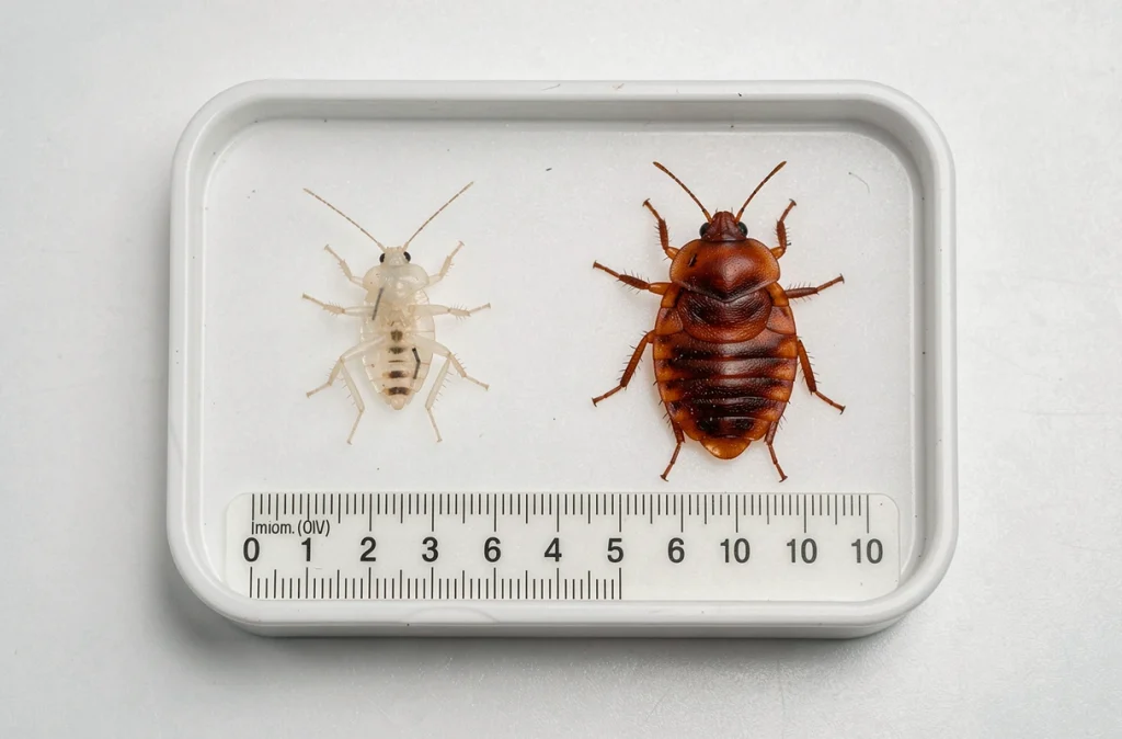 Comparaison côte à côte d'un insecte transparent et d'une punaise de lit sur plateau blanc pour identification