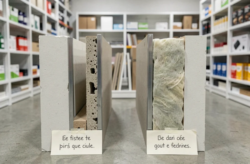 Comparaison en coupe d'un mur creux et d'un mur isolé en placo, montrant la structure interne et le matériau isolant en laine minérale
