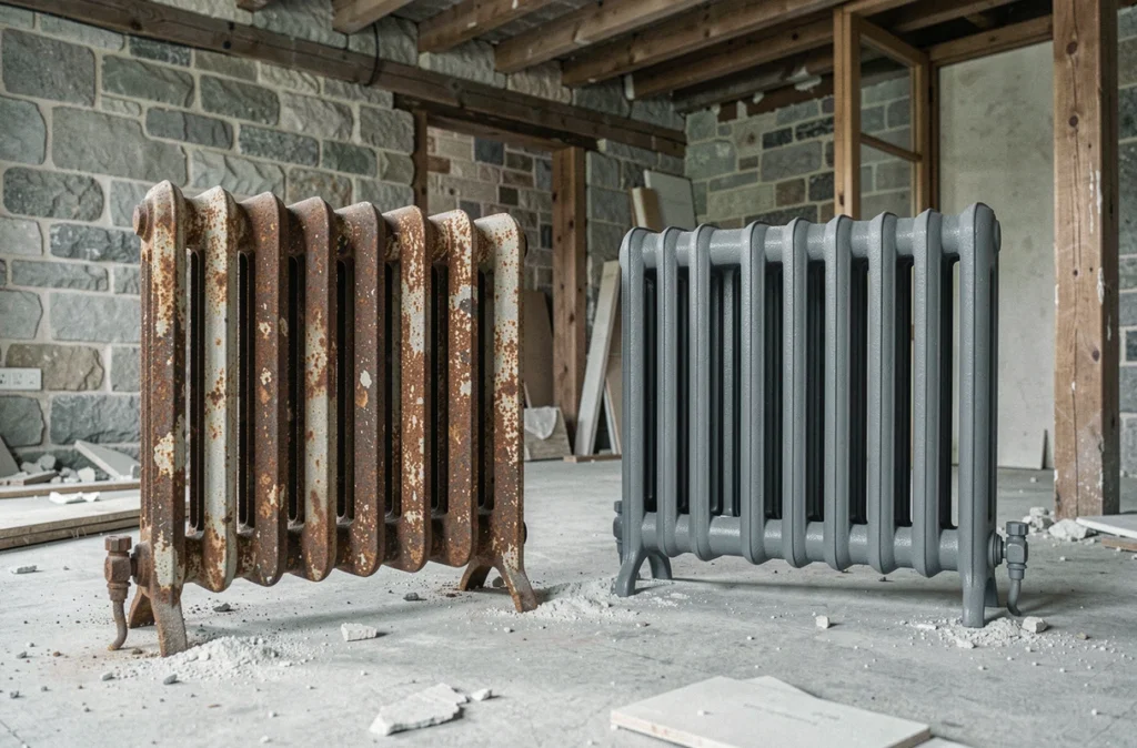 Comparaison entre un radiateur en fonte corrodé et un radiateur restauré sur un chantier de rénovation énergétique
