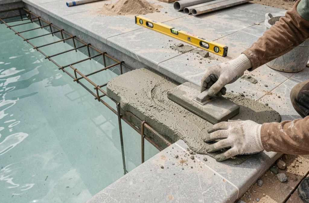 Construction d'une plage immergée en béton armé au bord d'une piscine en cours de rénovation