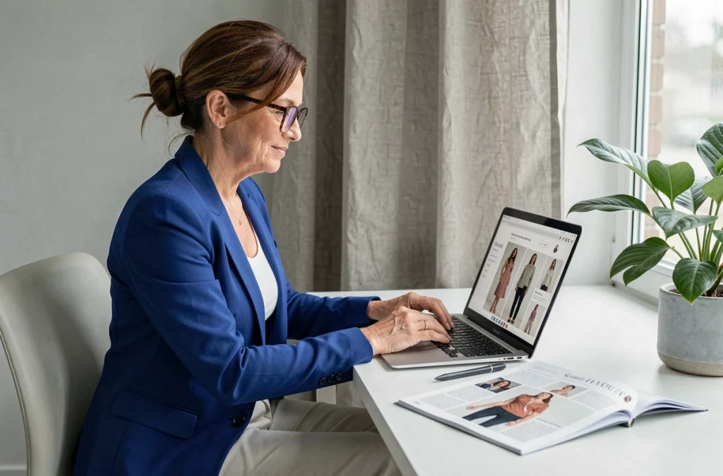 Femme grande taille consultant le site Blancheporte en ligne pour recevoir son catalogue mode gratuitement