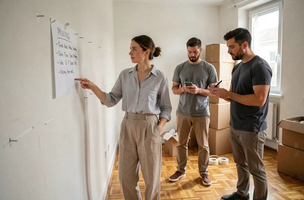 Femme coordonnant ses proches avec un plan d'organisation affiché lors d'un déménagement dans un appartement vide
