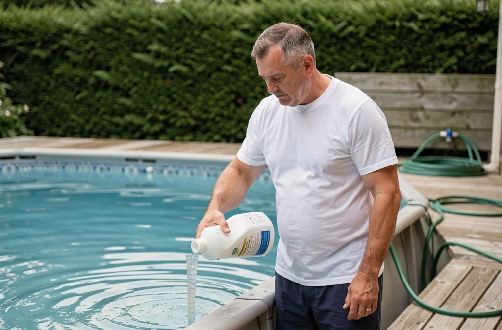 Homme versant un correcteur de pH dans une piscine hors-sol avec un doseur gradué