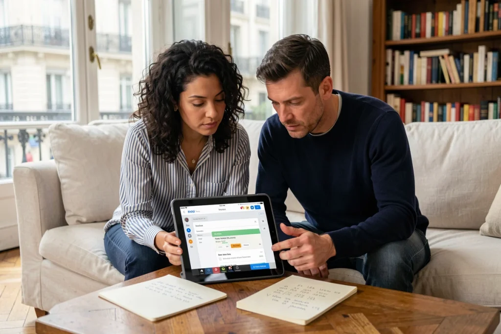 Couple consultant une plateforme de devis travaux en ligne sur une tablette dans un salon parisien