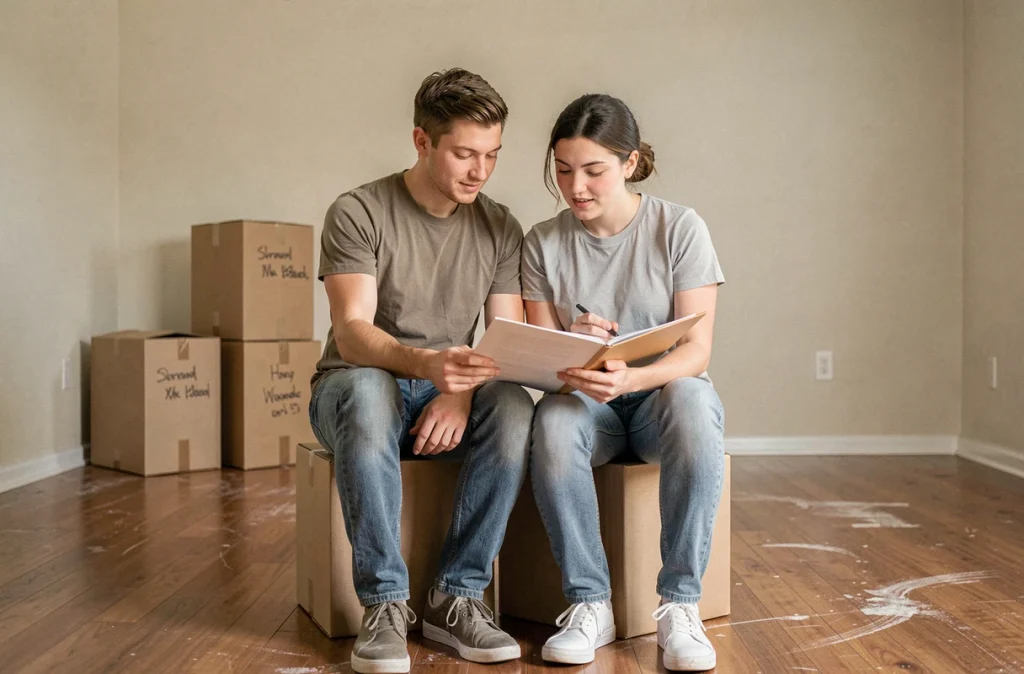 Couple triant des documents administratifs assis sur des cartons lors d'un déménagement