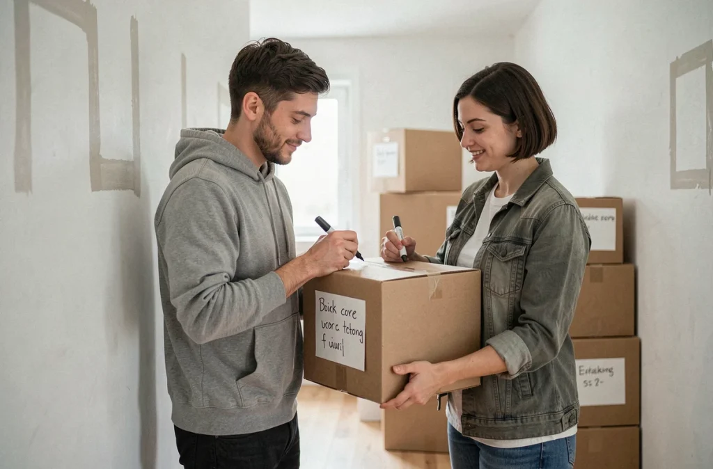 Couple étiquetant des cartons empilés dans un couloir d'appartement lors d'un déménagement organisé