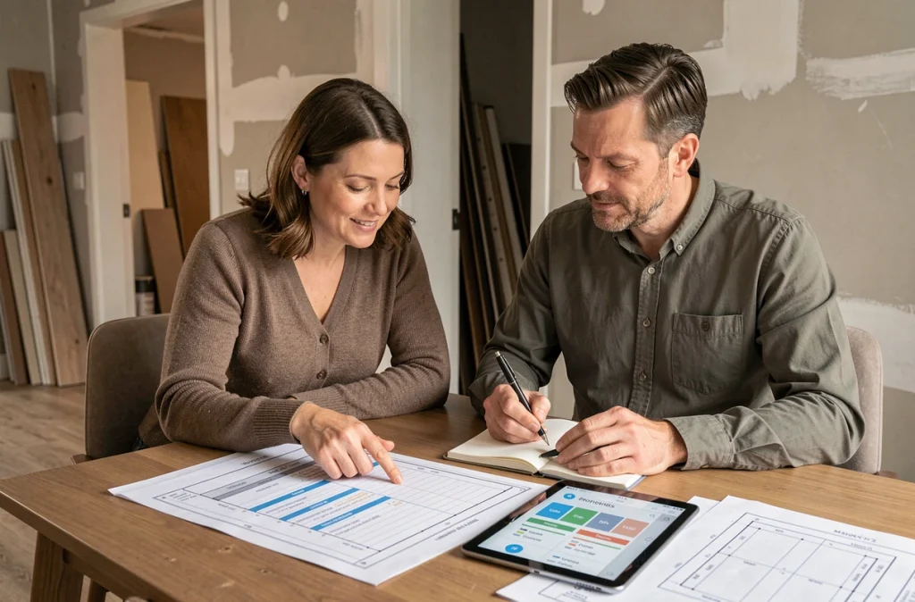 Couple de particuliers planifiant leurs travaux de rénovation à domicile avec un planning PDF imprimé et une tablette affichant un outil de gestion en ligne