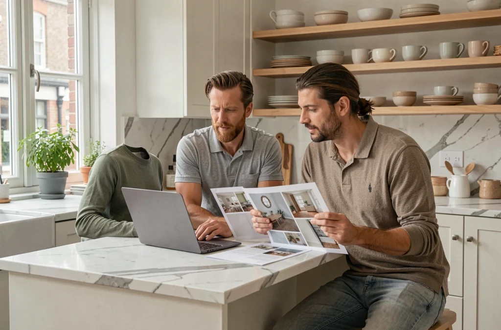 Couple discutant de leur projet de rénovation intérieure autour d'un ordinateur et de moodboards dans une cuisine moderne