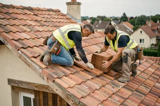Deux couvreurs professionnels posant des tuiles en terre cuite sur une toiture de maison individuelle lors d'un chantier de réfection complète