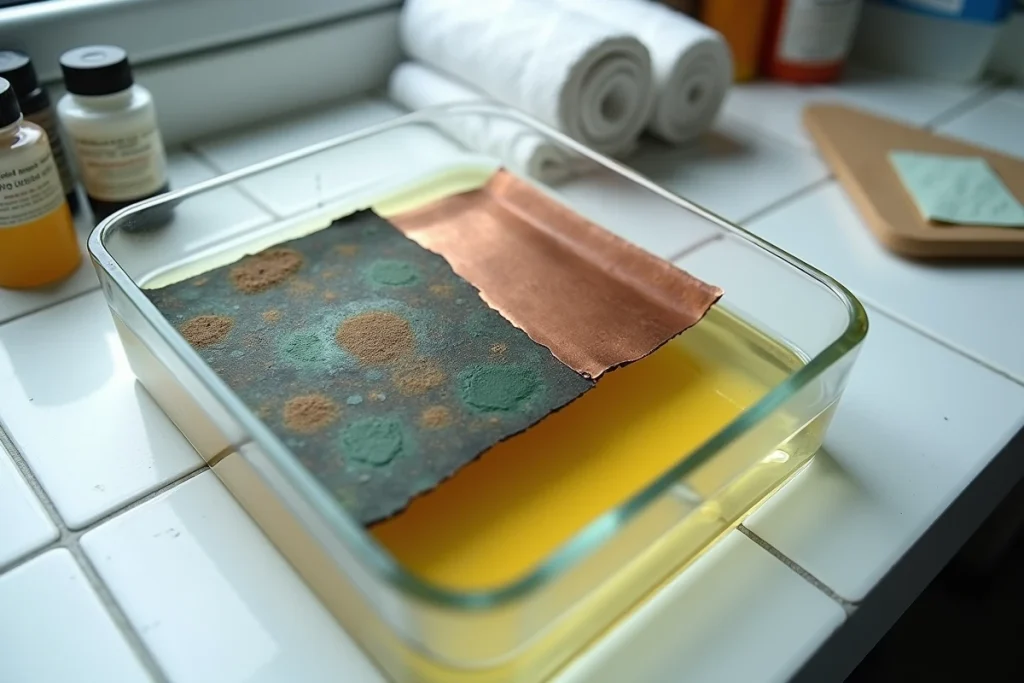 Feuille de cuivre en cours de décapage à l'acide oxalique dans un bac de solution transparente