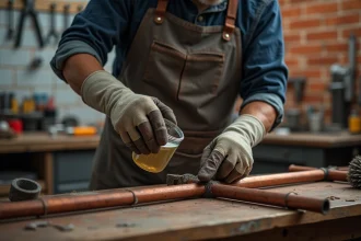 Homme appliquant de l'acide oxalique sur un tuyau en cuivre oxydé dans un atelier artisanal
