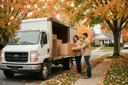 Couple chargeant des cartons dans un camion de déménagement en automne dans une rue résidentielle avec des feuilles colorées