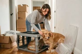 Femme préparant son chien golden retriever dans une caisse de transport lors d'un déménagement