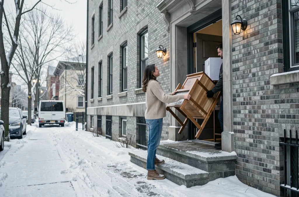 Femme supervisant un déménagement hivernal devant un immeuble en brique avec de la neige légère au sol