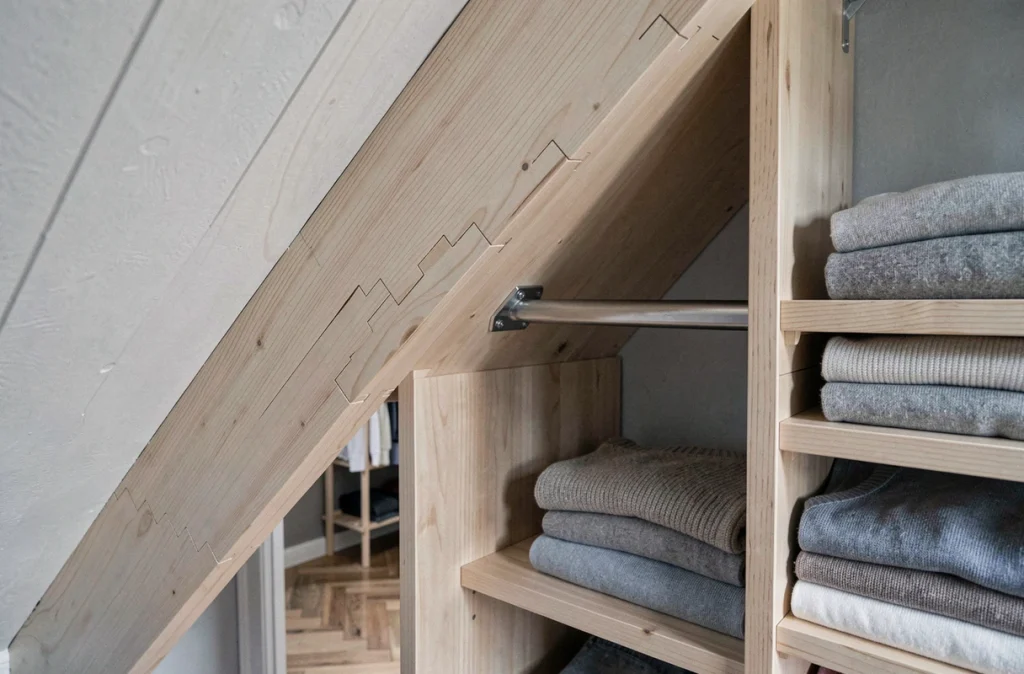 Détail de l'assemblage sur mesure d'un dressing adapté à la pente d'un plafond mansardé avec étagères inclinées
