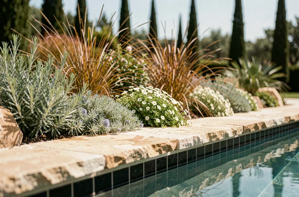 Détail de plantation mixte entre les dalles de pierre d'un pool deck, avec fétuque bleue, romarin retombant et thym rampant blanc au bord d'une piscine à débordement