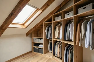 Dressing 2 personnes sur mesure adapté à un mur mansardé avec étagères en bois clair et barres de penderie