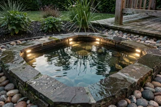 Éclairage LED discret installé autour d'un bassin de jardin au crépuscule avec reflets dans l'eau