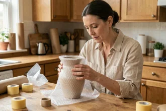 Femme emballant un vase en céramique fragile avec du papier bulle pour le protéger pendant un déménagement